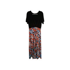 Maxi Dress Black Vneck With Floral Bottom/skirt Short Sleeve, Sz XLG