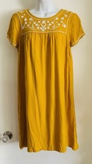 Old Navy Mustard Gold Yellow Bohemian Embroidered Shift Dress Rayon Tunic S