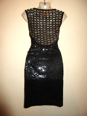 Vtg 80s/90s NITELINE Black Sequin Party Dress, Sexy Caged Beaded Back, EUC 6