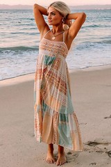 Multicolor Boho Patchwork Print Square Neck Sundress New S, M, L