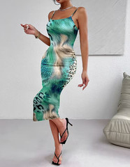 NEW Large. Sexy Intoxicating Abstract Leopard Aqua Green Camisole Midi Dress.