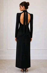NWT BCBGMAXAZRIA Black Open Back Maxi Gown Dress Formal High Neck Side Slit US 2