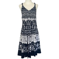 Cassee&rsquo;s Navy White Boho Coastal Nautical Flirty Cotton Midi Dress Size M