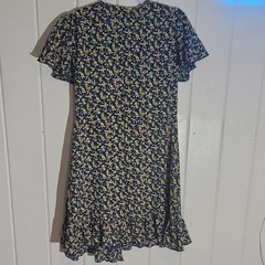 Nine.Eight Dress Navy/Yellow/Green/White Floral Wrap Short V-Neck Tie Flutter M
