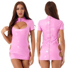 Women&rsquo;s Wet look PVC Leather Lingerie Keyhole Zipper Bodycon Mini Dress Party