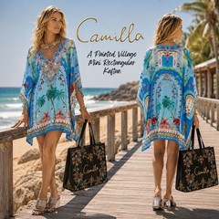 BNWOT CAMILLA A PAINTED VILLAGE RECTANGULAR MINI KAFTAN ONE SIZE SILK CRYSTALS