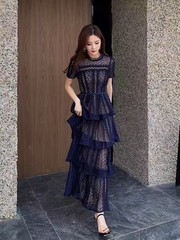 Womens Self-Portrait Lace Assembling Dark blue A-line Cake Dresses