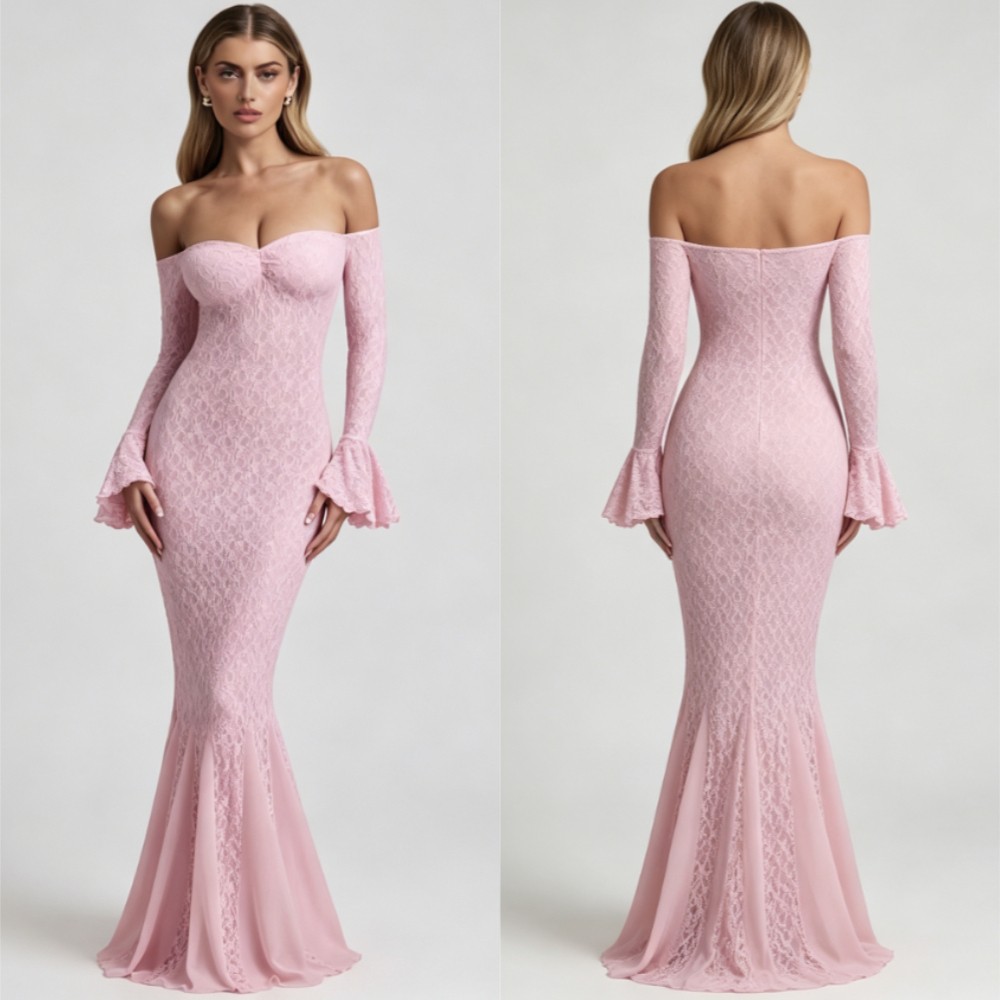 Off The Shoulder Pink Lace Mermaid Formal Dresses Long Flare Sleeve Evening Gown