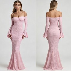 Off The Shoulder Pink Lace Mermaid Formal Dresses Long Flare Sleeve Evening Gown