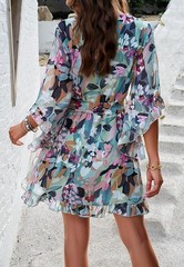 Women Mini Dress, Deep V-Neck Long Sleeve Waist Tie Ruffle Green Dress, Size M