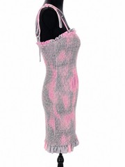 STORIA Smocked Tie Strap Ruffle Hem Midi Dress Pink Gray Size Medium