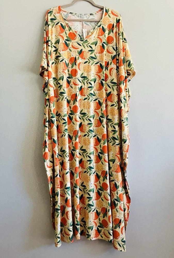 1X/2X/3X New Yellow Oranges Citrus Kaftan Knit Beach Cover Dress Nightgown