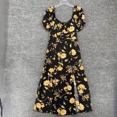 Blu Pepper Women’s M Black And Yellow Floral Boho Puff Sleeve Flowy Midi Dress