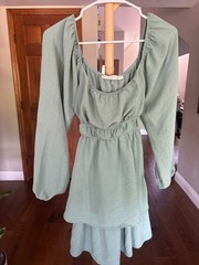 Altar&rsquo;d State Sage Green Balloon Sleeve Tie Waist Tiered Mini Dress Women&rsquo;s M
