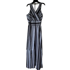 Layered Elegant Striped Sleeveless Halter Dress w/ Pockets Side Zipper Slit Sz M