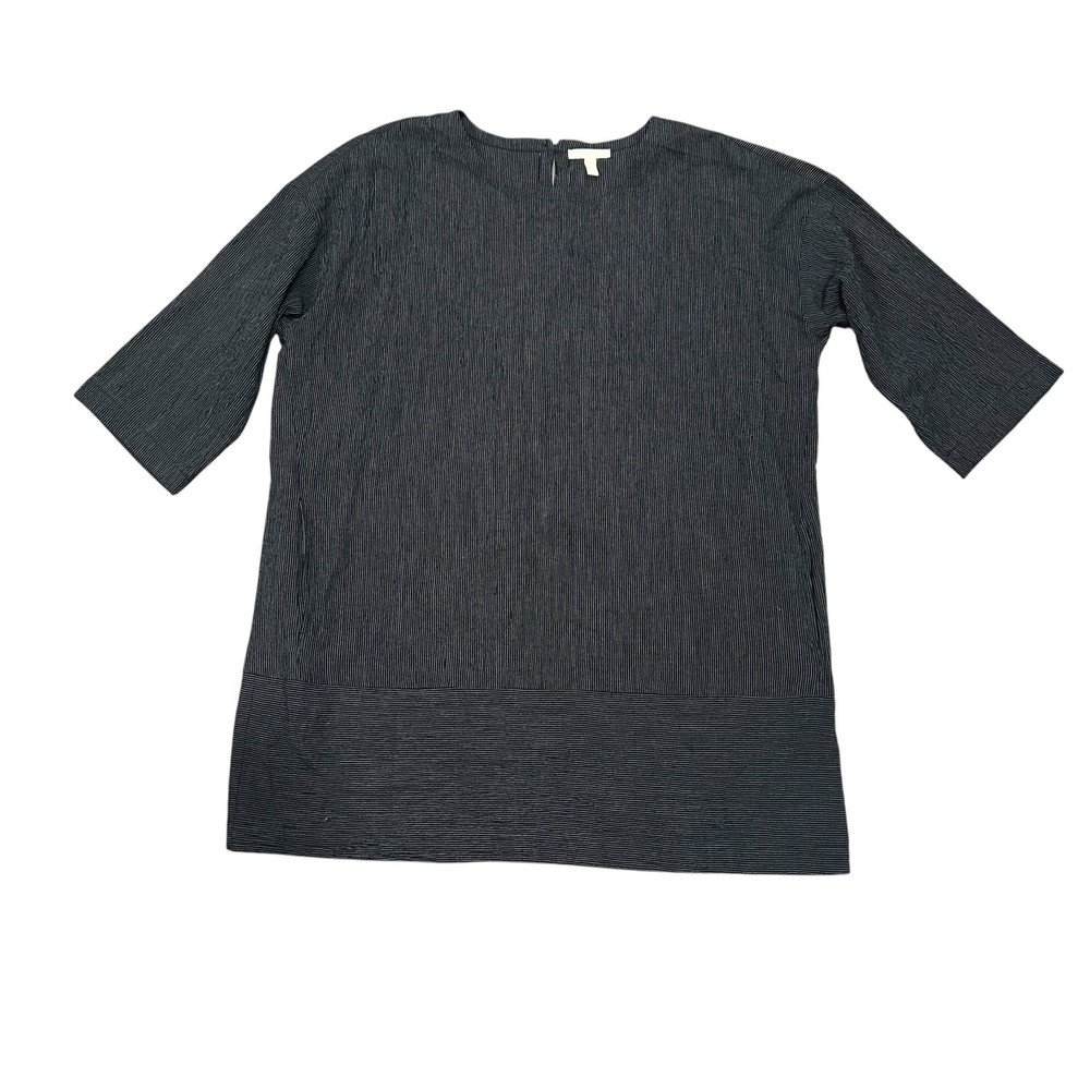 Eileen Fisher Black Tunic Dress Large Cotton Blend Striped Minimalist Lagenlook