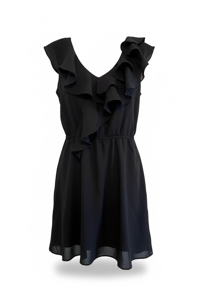 BCBGeneration Black Ruffle V-Neck Sleeveless Dress Elastic Waist Dress Size S