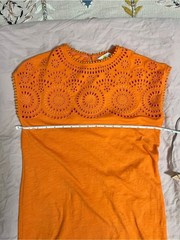 Boden Orange Cutwork Eyelet Cotton Jersey T-Shirt Shift Dress Pom Trim US 2R