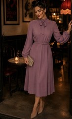 Vintage 70&rsquo;s Mock Neck Bow Dress Womens 8 Pink Belt Elastic Waist Balloon Sleeve