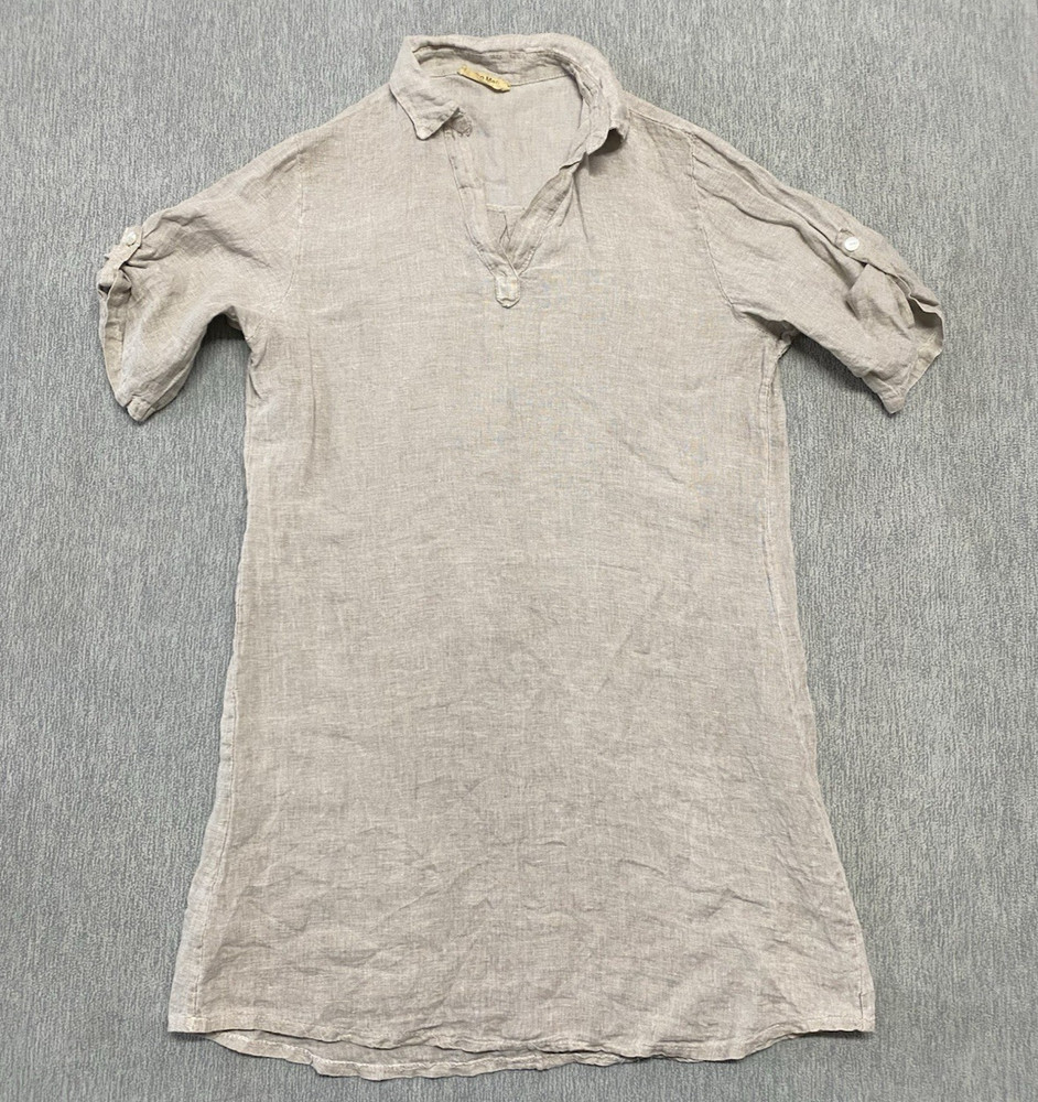 Meo Meli Tunic Top 100% Linen One Size Taupe Sand Pullover Roll Tab Short Sleeve