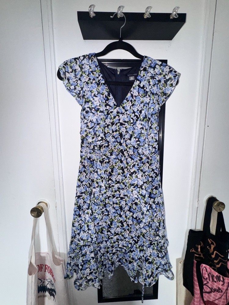 Tommy Hilfiger Ruffle Floral Chiffon Dress Fit & Flare V-Neck Blue Yellow Size2P
