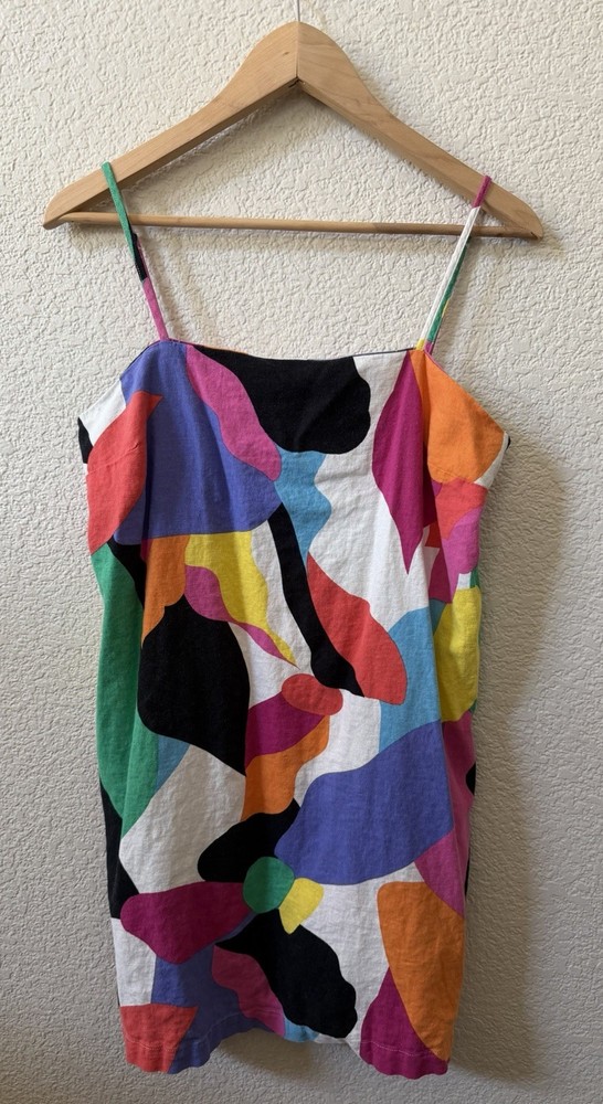 A New Day Medium Colorful Abstract Summer Dress Spaghetti Strap Linen/Rayon