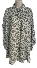 Button Down Shirt Dress Leopard Print Matcha Green 100% Linen Casual Chic M