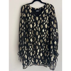 En Creme Black Gold Metallic Tunic Mini Dress Long Sleeve Boho V-Neck No size