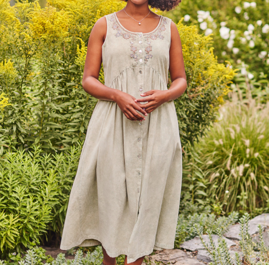 April Cornell Camelia Pinafore Sage Button Down Cotton Sleeveless Maxi Dress XL