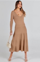 ANRABESS Wrap Midi Sweater Long Sleeve Ribbed Knit Dress L- Light Camel