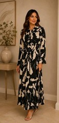 Women’s Black/White Abstract Collared Long Sleeve Maxi Long Dress Regular M/L