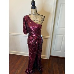 Mac Duggal 93540 One Shoulder Sequin Gown Burgundy Flutter Sleeve Maxi Dress