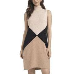 Chelsea & Theodore Cashmere Wool Knit Turtleneck Dress Medium Color Block