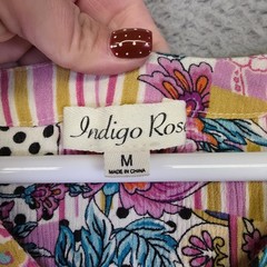 Indigo Rose Dress Womens M Button Floral Polka Dot Patchwork Tiered Boho Hippie