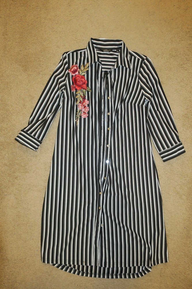 S 6❤️ MILE GABRIELLE ❤️ MIDI 35&Prime; Length SHIRT Dress Fancy STRIPED Sleeve NO BELT