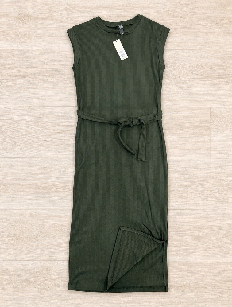 Alya Green Solid Ribbed Knit Sheath Midi Dress Sleeveless Crew Neck Belted S