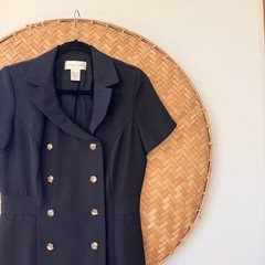 VINTAGE CASUAL CORNER PETITE BLACK NAUTICAL DOUBLE-BREASTED MINI DRESS CRUISE
