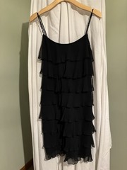 Black Ruffle Beaded Strap Chiffon Short Sleeveless Scoop Neck Sheath Dress Women
