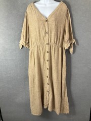 Time and True Dress Womens 22 Beige Linen Blend Maxi Button Up Tie Sleeve Boho