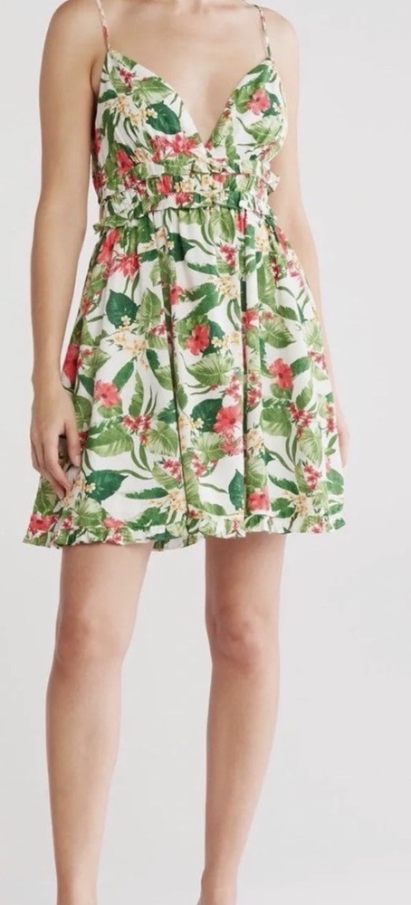 WAYF White Floral V-Neck Strappy Sleeveless Woven Rayon Mini Sundress S