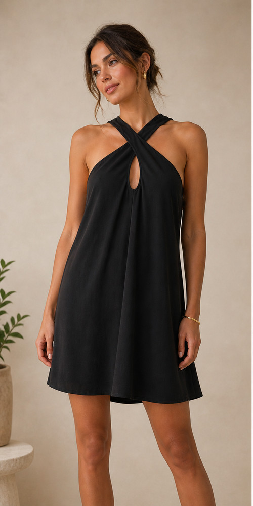 Cross Front Halter Black Mini Dress Size M Minimalist Chic Keyhole Back