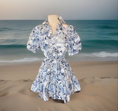 Sugarlips White Blue Etchings Collared Puff Sleeve Mini Ruffle Hem Puff Sleeve