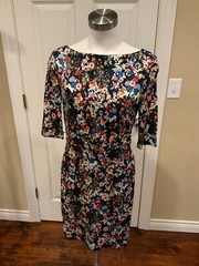 Erdem Black Floral Print Boatneck Half Sleeve Dress, Size 6