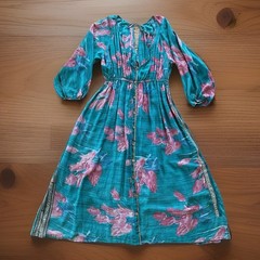 KANTHA BAE O/S 100% Silk Boho Teal Floral Pink Maxi Dress Keyhole Balloon Sleeve
