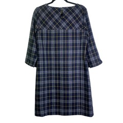 LAURA ASHLEY Dress 8 Shift Plaid Navy Checked Wool Front Pockets Keyhole Closure