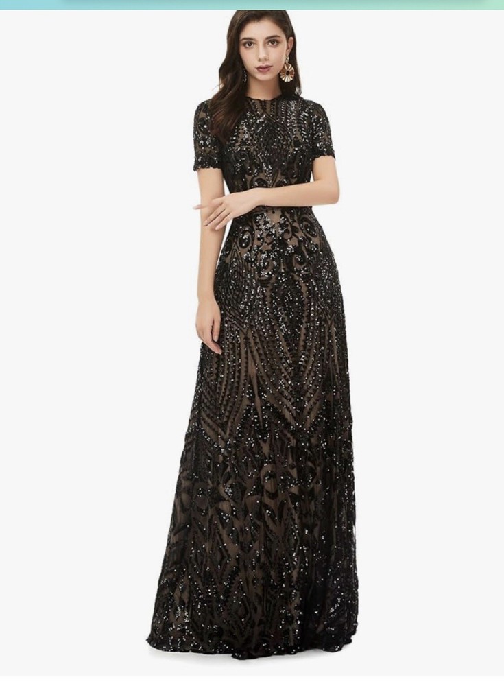 Leyidress Sexy Sequins Trumpet Mermaid Dress Black Short Sleeve Long Formal 14