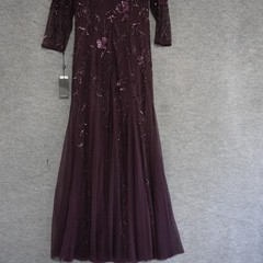 Adrianna Papell Gown 10 Night Plum Beaded Mesh Evening Dress 3/4 Sleeve AP1E2086