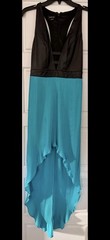 bebe Black Blue Solid V-Neck Sleeveless Hi-Low Maxi Dress Pleated Skirt S
