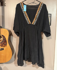 Cupshe Black Solid V-Neck Shift Dress/Cover up Embroidered Trim XL