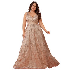 Plus Size Luxury Deep V neck Sequin Evening Dress Elegant V back Long Formal